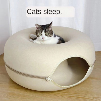 Felt Donut Cat Bed with Zipper Cat Tunnel and Cat Toy Double-Layer Pet Bed for Cats